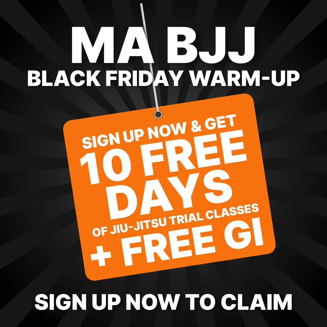Black Friday Warm-up promotion offering 10 free days of Jiu-Jitsu trial classes plus a free gi